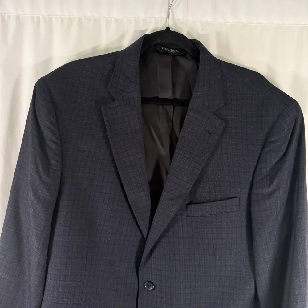Jos A Bank Silk Wool Blazer Men's 44R Blue Plaid 2 Button Front Tailored Fit